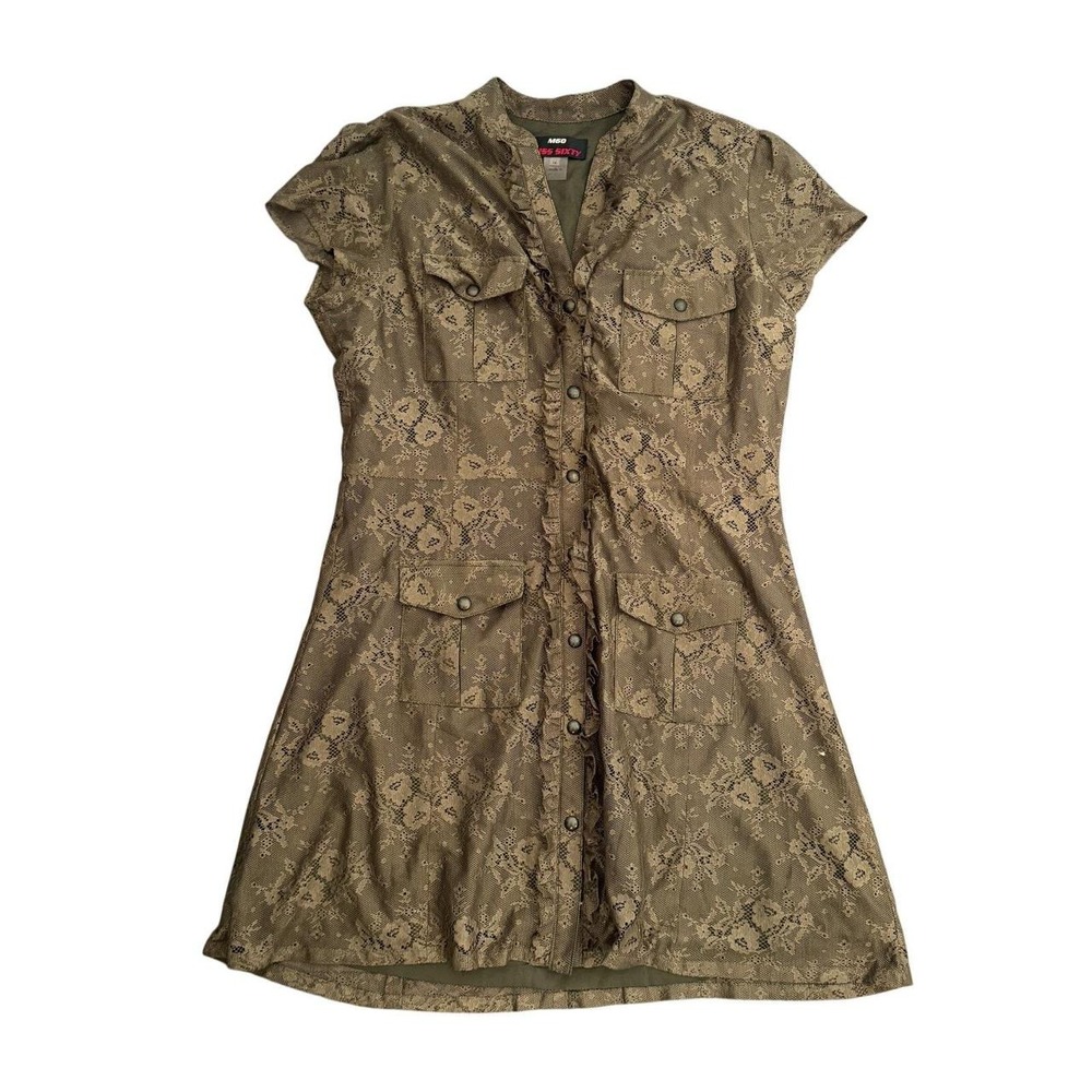 Y2K Miss Sixty Army Green Snap Button Military Lace Dress‎ Size 14